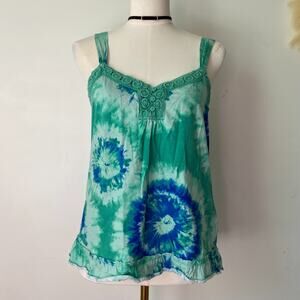 Jones NY Women Y2K Tie Dye Tank Top Size M Boho Ruffle Crochet Festival Preppy